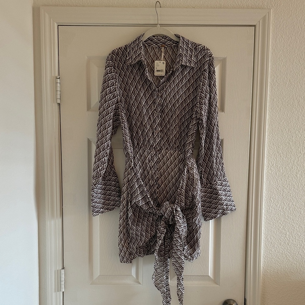 Free People Brown and White Geometric Wrap Dress